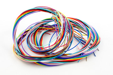 A bunch of colourful cables isolated on white background