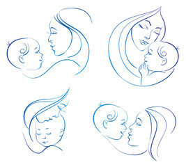 Mother with baby. Set of linear silhouette illustrations