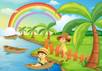 Afwasbaar Fotobehang Regenboog een jongen en een meisje varen