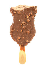 bitten ice cream with chocolate on a stick