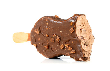 bitten ice cream with chocolate on a stick