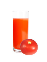Tomato juice in glass and fresh tomato isolated on white