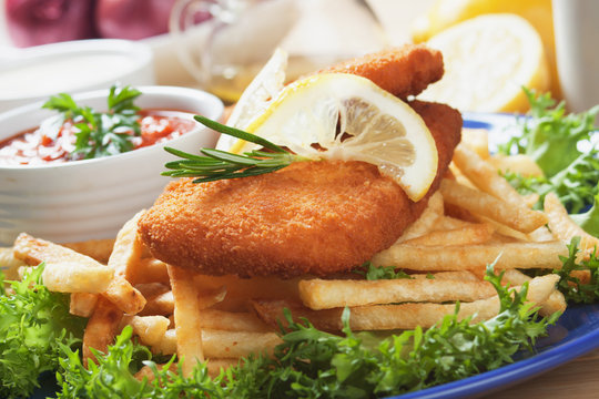 Breaded fish and french fries