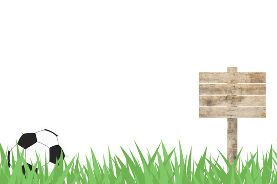 Football soccer with Wooden billboard on grass background