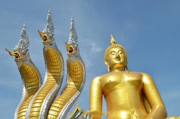 King of Naga statue with three heads and Big buddha statue