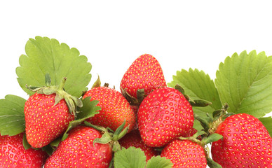 sweet ripe strawberries with leaves isolated on white