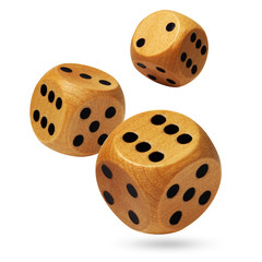 Three wooden dices being rolled head on. Isolated on a white.