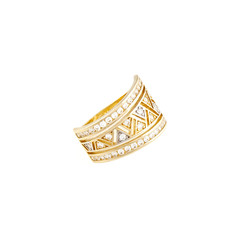 Gold ring with clear stones on white background