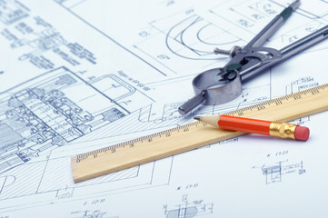 The plan industrial details, a protractor, caliper, divider and