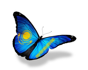 Kazakhstan flag butterfly flying, isolated on white background
