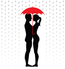 silhouette of young couple under an umbrella
