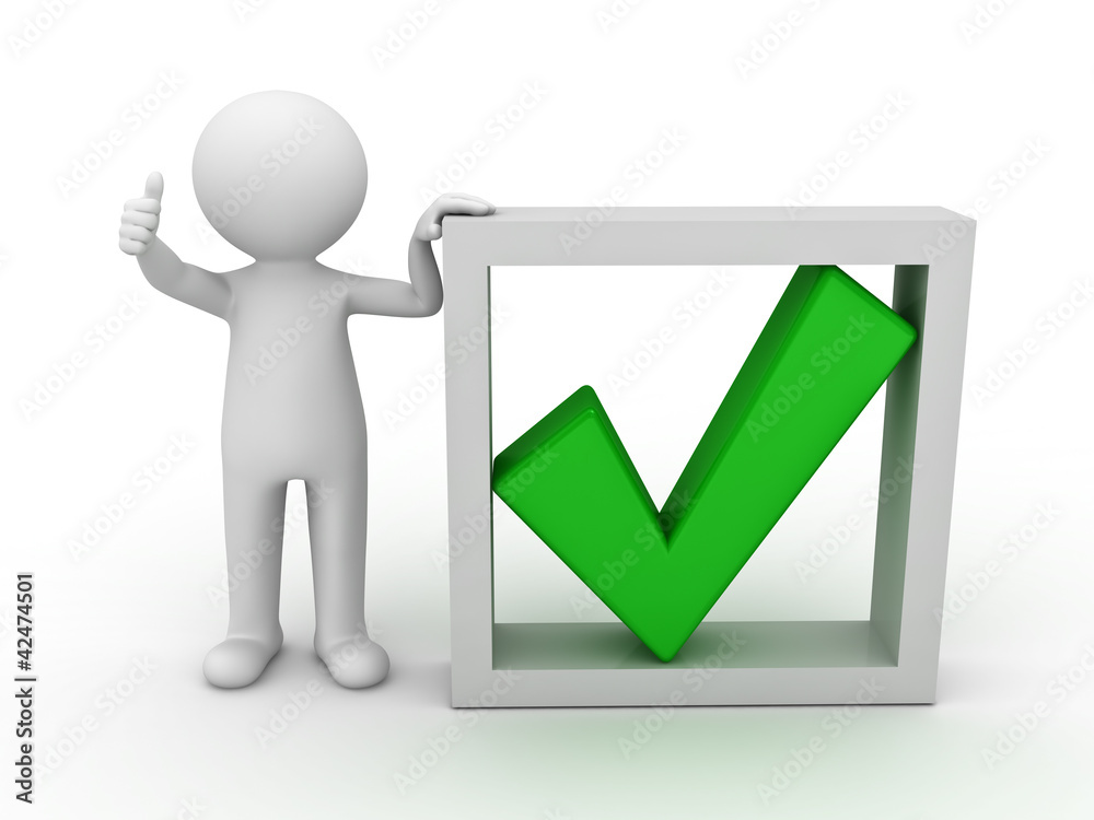 Aufkleber 3d man showing thumb up with green check mark