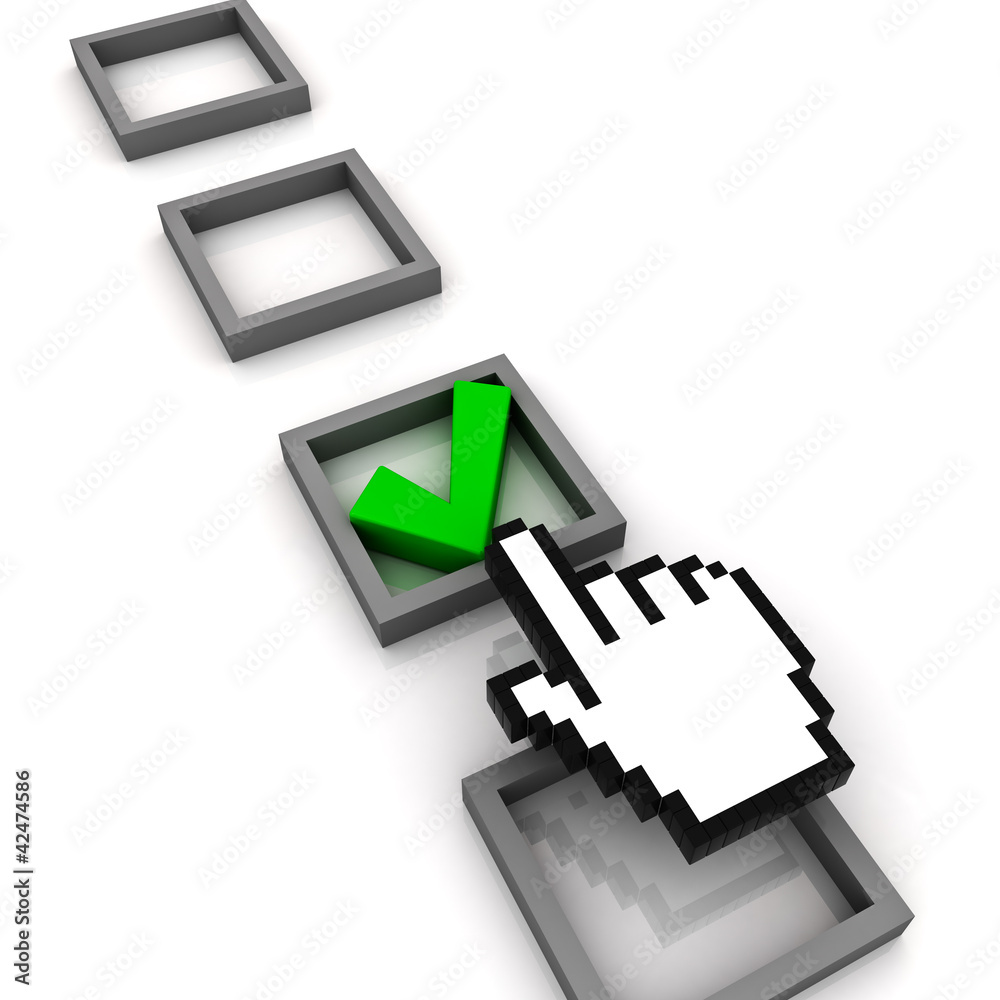 Poster Hand cursor marking a check box on white background