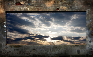 old grunge wall and sky abstract background in night
