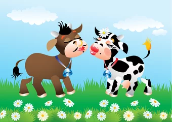 Poster Ferme Dessin animé embrassant des vaches amoureuses