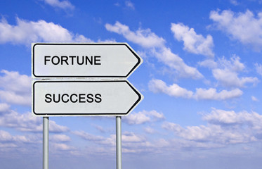 Road sign to success and fortune