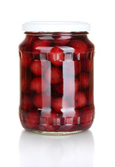 Jar of canned cherries isolated on white