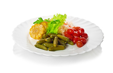 pickled vegetables of tomato, cucumber, cabbage isolated
