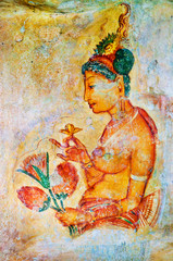 ancient frescos on mount Sigiriya, Sri Lanka ( Ceylon ).