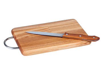 Wooden board with kitchen knife.