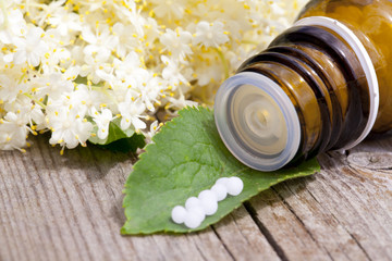 Homöopathisches Medikament mit Holunderblüten