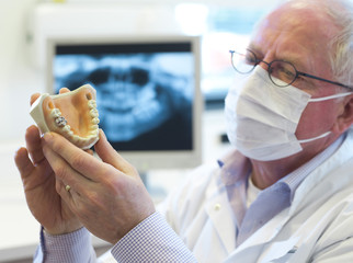 adult dentist looking at dentures