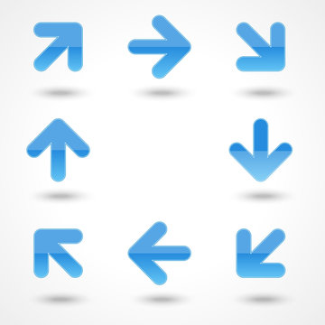 Vector glassy blue arrow web icon button with drop shadow.