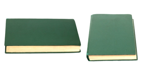 Green books on white background isolated