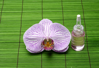Pink orchid and massage oil on green mat