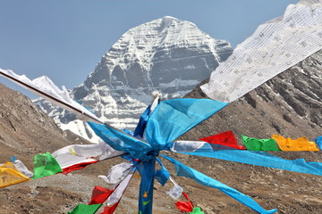 Mount Kailash in Tibet and Buddhist prayer flags