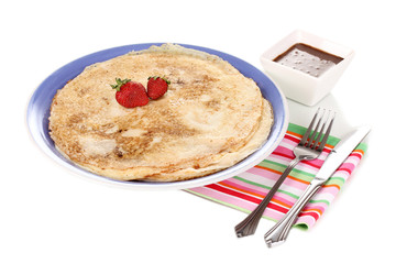 Stack of tasty pancakes isolated on white