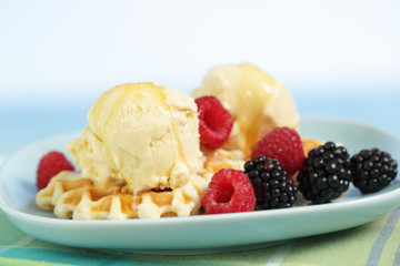 Ice cream with waffle and berries