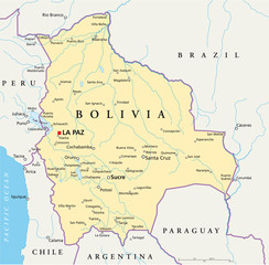 Bolivia political map with capital La Paz, national borders, most important cities, rivers and lakes. Illustration with English labeling and scaling. Vector.