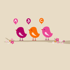 3 Birds Pink/Orange With Balloons ABC On Tree Beige