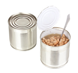 Open tin can of beans with spoon and closed can isolated