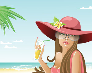 girl on the beach drinking the juice. vector