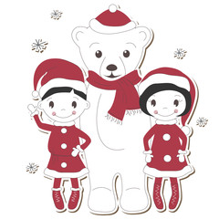 Christmas white bear with  boy and girl