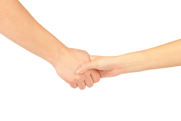Shaking hands of two people, man and woman, isolated on white.