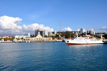 The passenger ship on anchor parking in the Sochi sea port