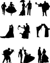 Silhouette of groom and a bride in a nine different poses