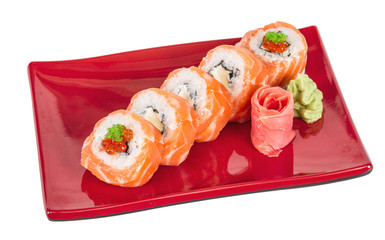 Japanese sushi traditional japanese food.Roll made of salmon, re