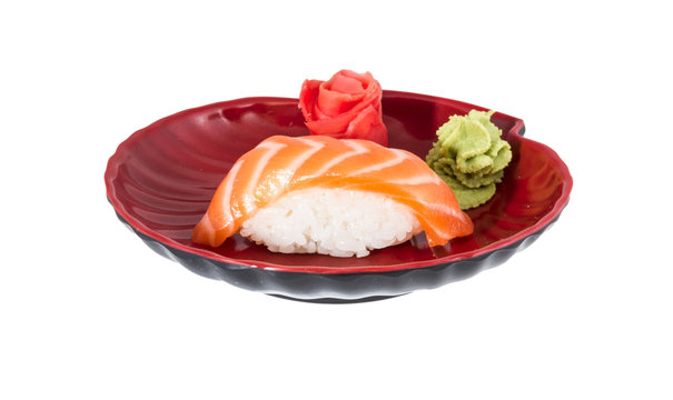 studio shoot of japanese sushi vaki with salmon on white backgro