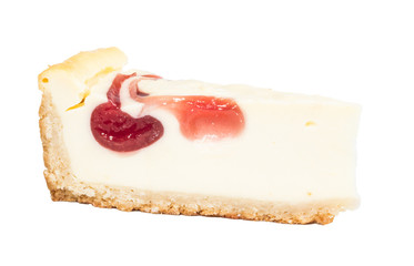 Closeup of a slice of cherry cheesecake on a white background