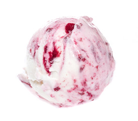 Scoop of strawberry ice cream from top on white background