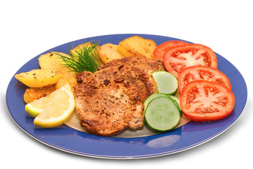 roasted steak meat with vegetables isolated on white background