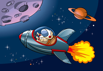 Spaceship with astronaut approaching planet, vector