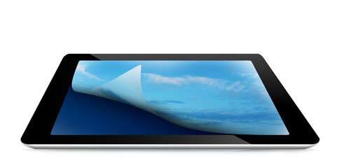 cloud computing concept tablet pc with cloudy sky