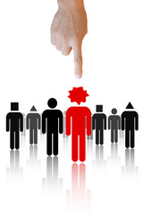 Hand choosing the red person from a group