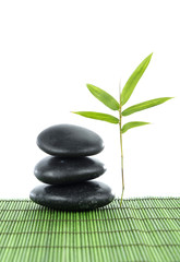 Fototapeta na wymiar zen stones and a fresh bamboo leaf on green mat