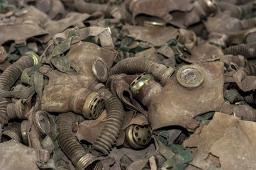 Vintage photo of many gasmasks